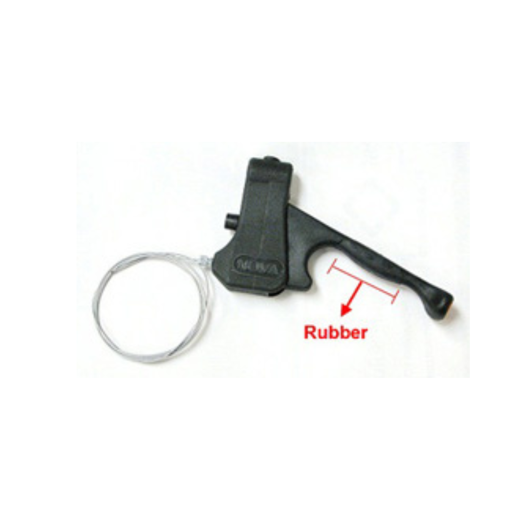 A black plastic lever tool with a coiled wire, labeled "Rubber" in red on the handle—perfect as a Nova Replacement Part for ZOOM & GetGo Rollators.